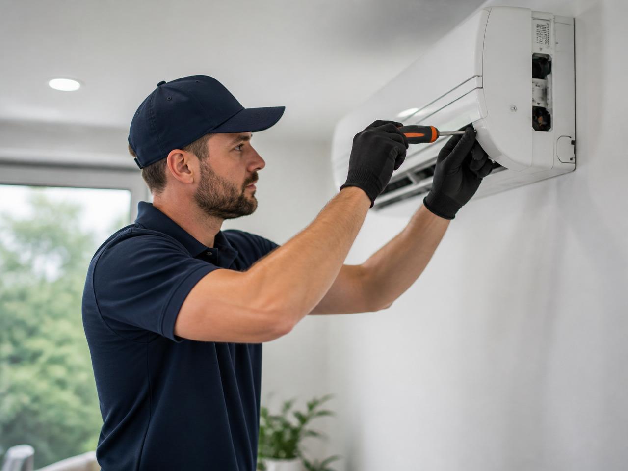 F-Gas certified engineer commissioning a wall-mounted air conditioning unit