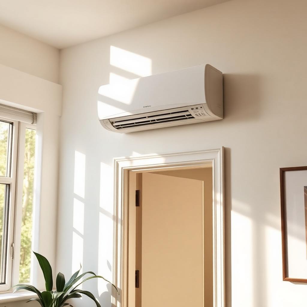 Wall-mounted split air conditioning unit installed in a bright UK living room