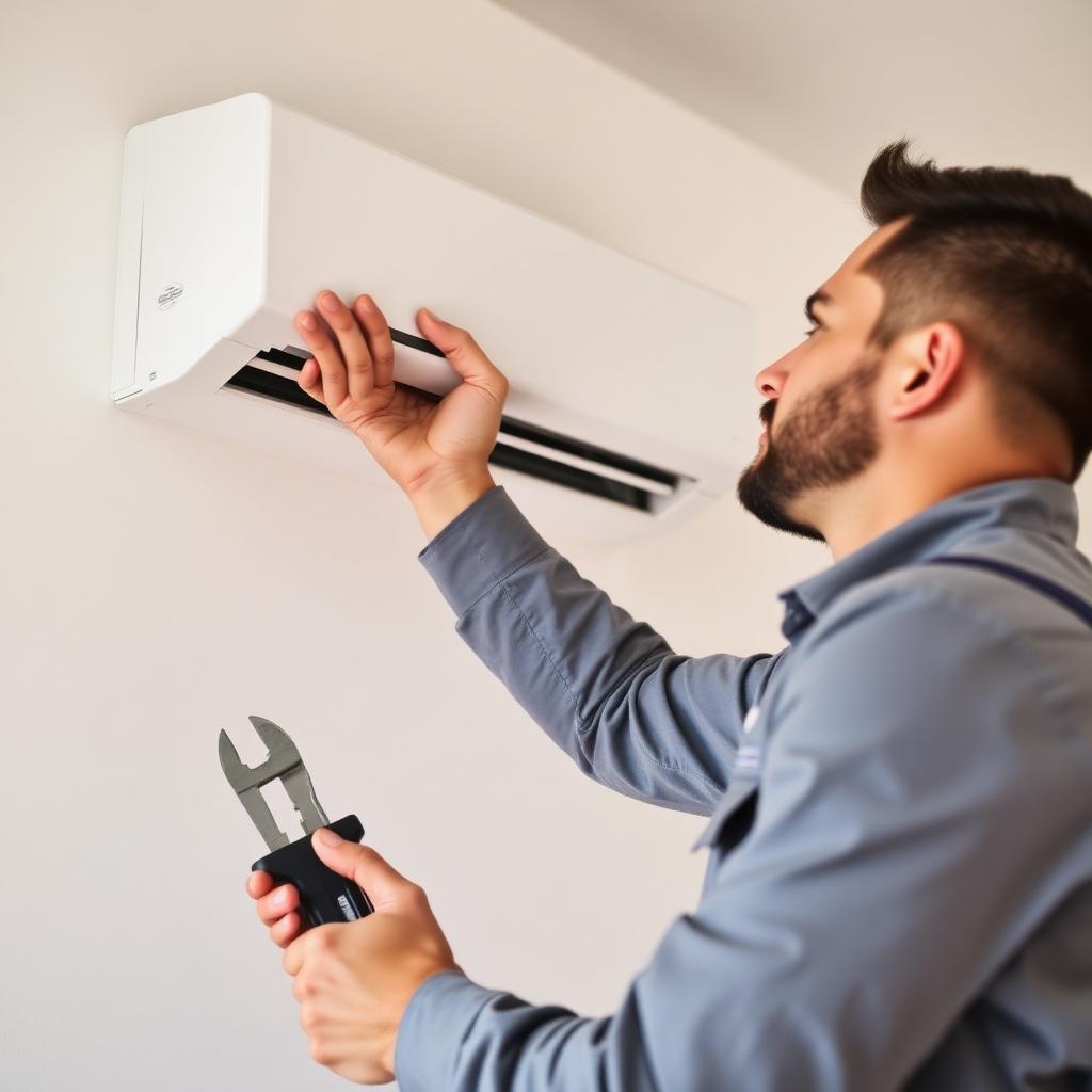 F-Gas certified engineer installing a wall-mounted split air conditioning indoor unit