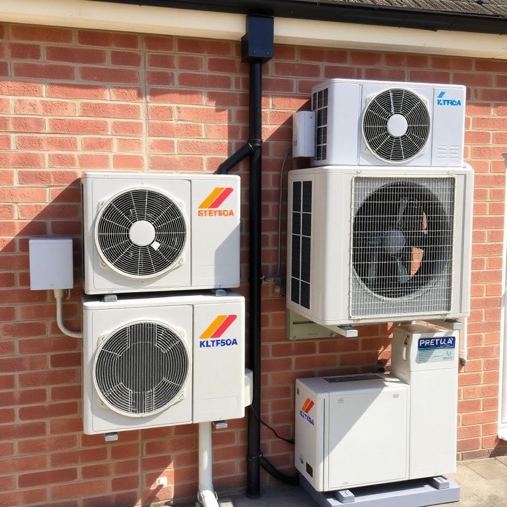Single split and multi-split air conditioning outdoor condenser units side by side on a UK home